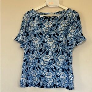 LOFT Blue Relaxed Ruffled Short Sleeve Blouse